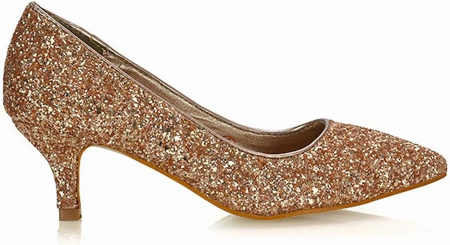 Womens Glitter Pointed Shoes Ladies Slip On Low Heel Party Courts Pumps Size 3-8