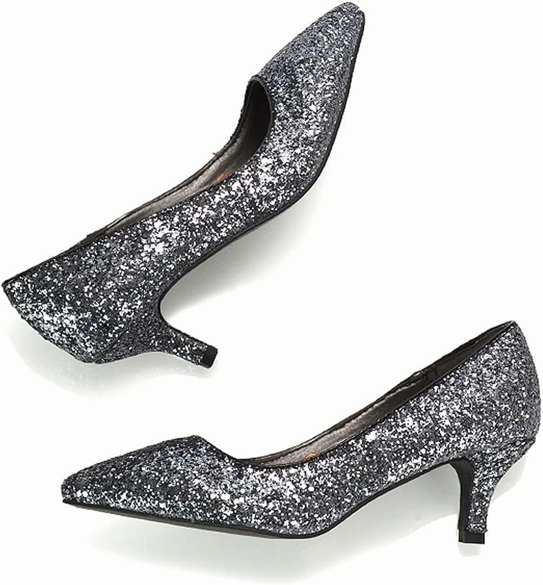 Womens Glitter Pointed Shoes Ladies Slip On Low Heel Party Courts Pumps Size 3-8