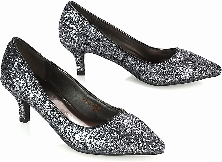 Womens Glitter Pointed Shoes Ladies Slip On Low Heel Party Courts Pumps Size 3-8