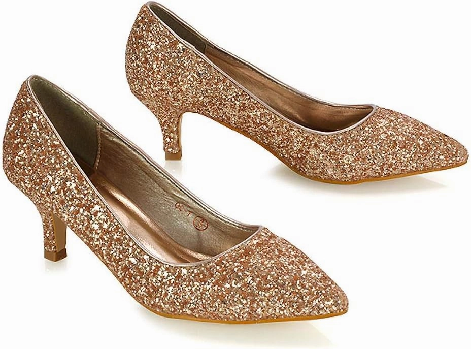 Womens Glitter Pointed Shoes Ladies Slip On Low Heel Party Courts Pumps Size 3-8