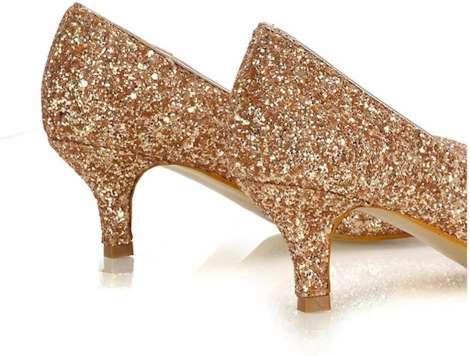 Womens Glitter Pointed Shoes Ladies Slip On Low Heel Party Courts Pumps Size 3-8