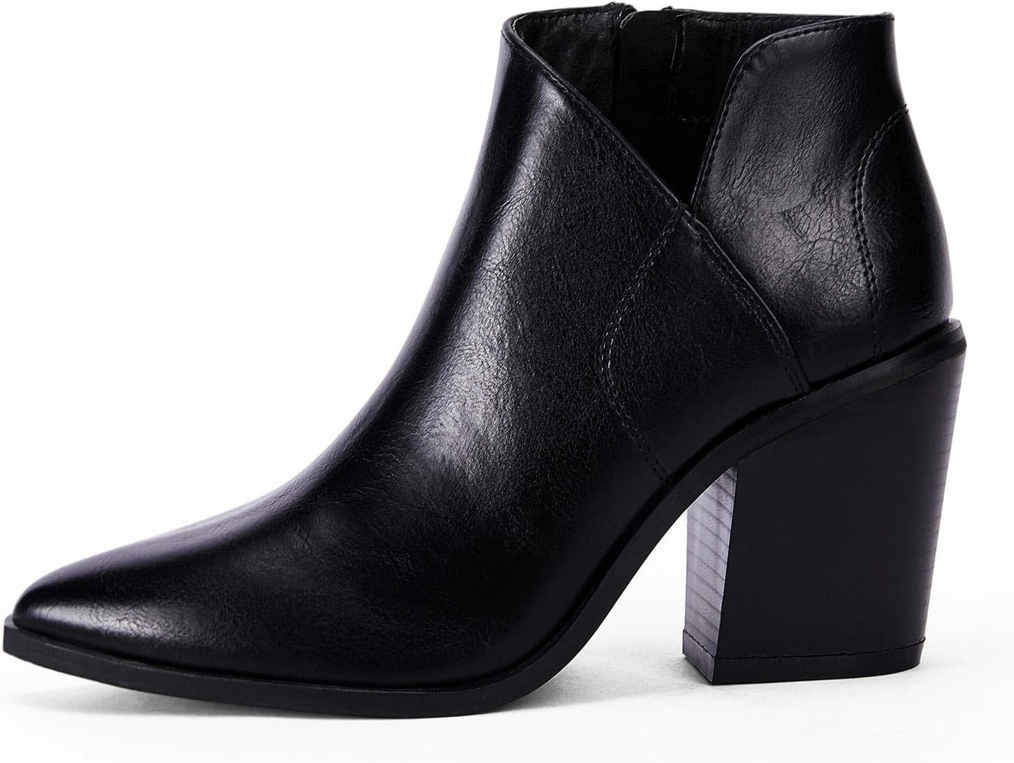 Womens Pointed Toe Ankle Boots Block Stacked Chunky Heel Cutout Side Zipper Fall Booties Shoe