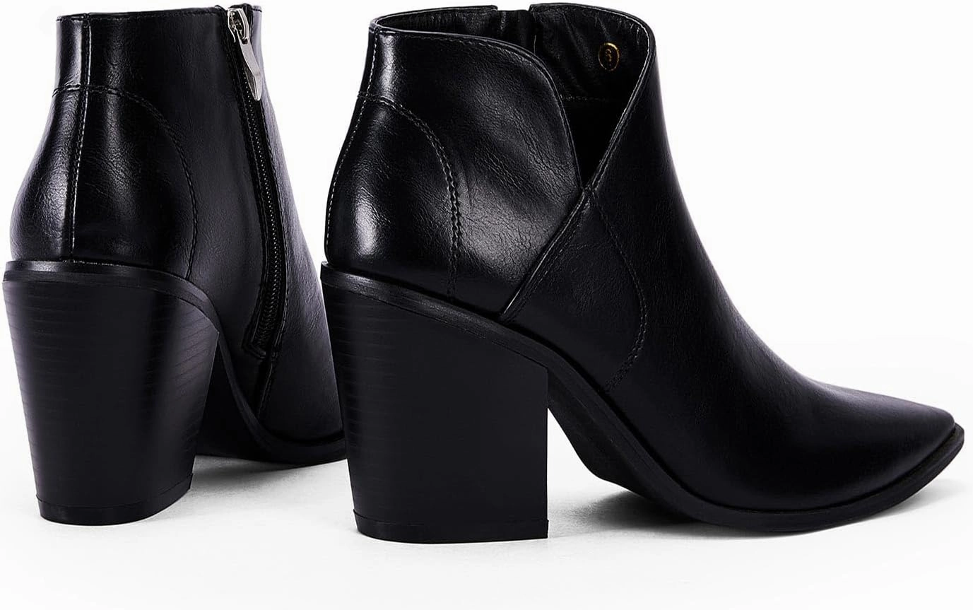 Womens Pointed Toe Ankle Boots Block Stacked Chunky Heel Cutout Side Zipper Fall Booties Shoe