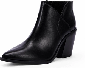 Womens Pointed Toe Ankle Boots Block Stacked Chunky Heel Cutout Side Zipper Fall Booties Shoe