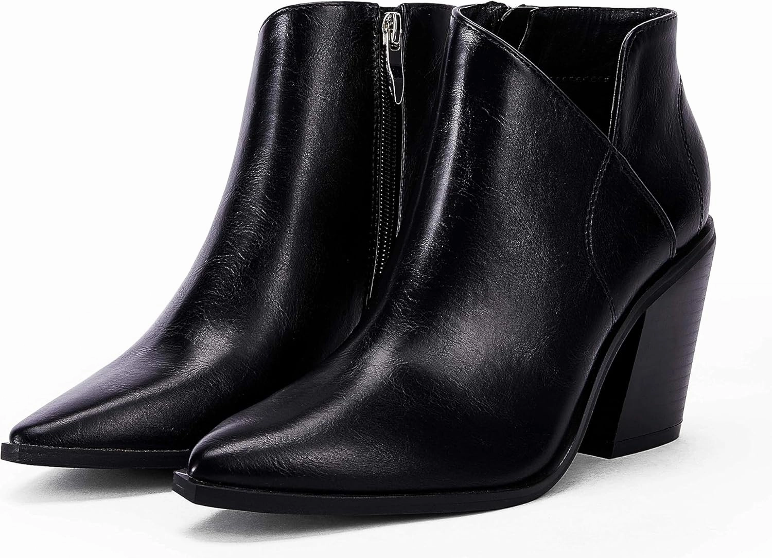 Womens Pointed Toe Ankle Boots Block Stacked Chunky Heel Cutout Side Zipper Fall Booties Shoe