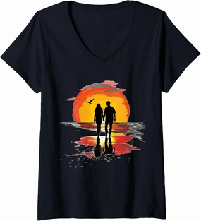 Womens Romantic Couple Walking on a Tropical Beach V-Neck T-Shirt