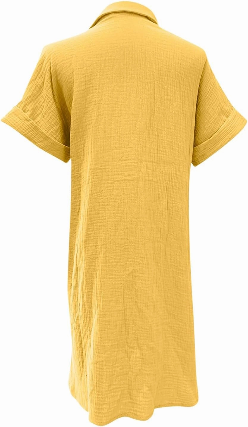 Womens Summer Dresses Casual Roll Up Short Sleeve Knee Length Cotton Linen Button Down Tunic Shirt Dress with Pockets