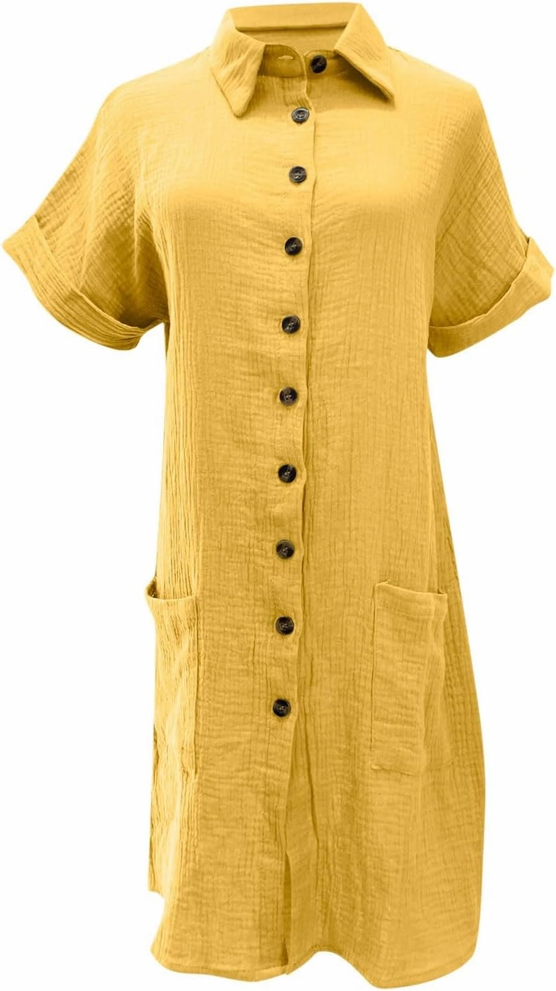 Womens Summer Dresses Casual Roll Up Short Sleeve Knee Length Cotton Linen Button Down Tunic Shirt Dress with Pockets