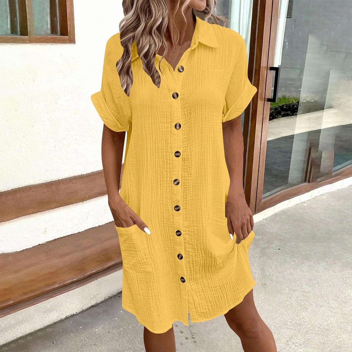 Womens Summer Dresses Casual Roll Up Short Sleeve Knee Length Cotton Linen Button Down Tunic Shirt Dress with Pockets