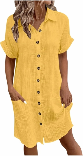 Womens Summer Dresses Casual Roll Up Short Sleeve Knee Length Cotton Linen Button Down Tunic Shirt Dress with Pockets