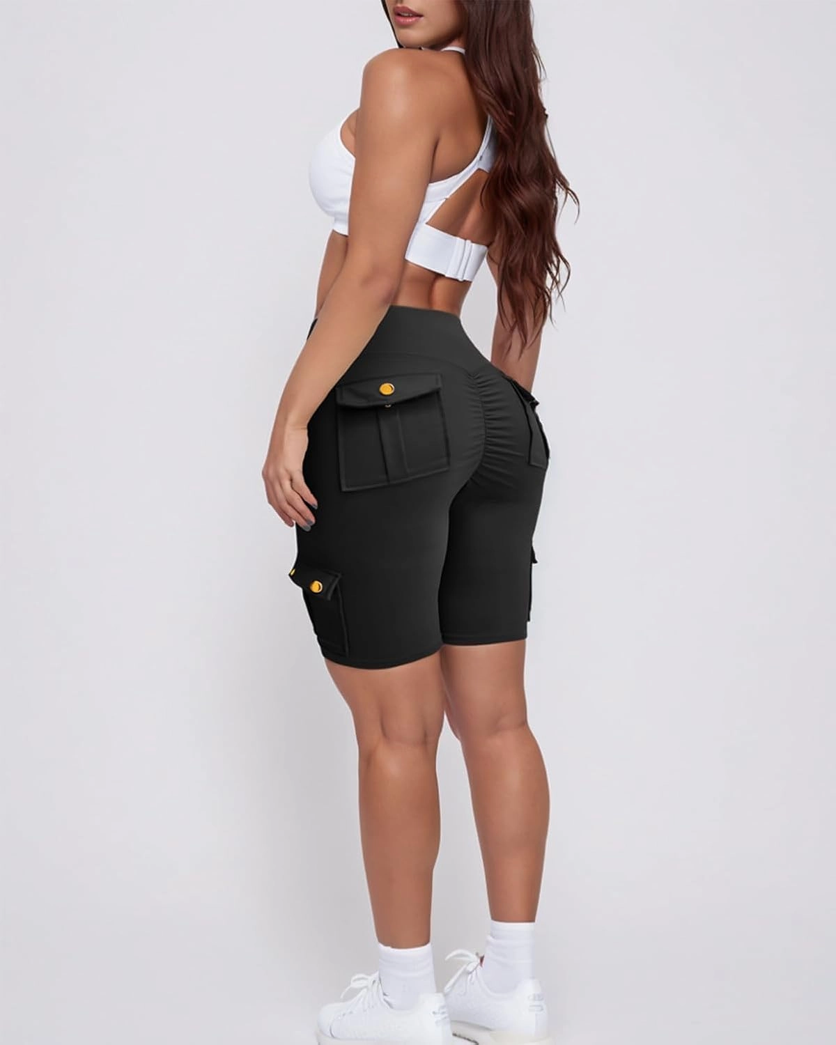 Womens Workout Shorts with Cargo Pockets High Waisted Scrunch Butt Gym Biker Booty Shorts