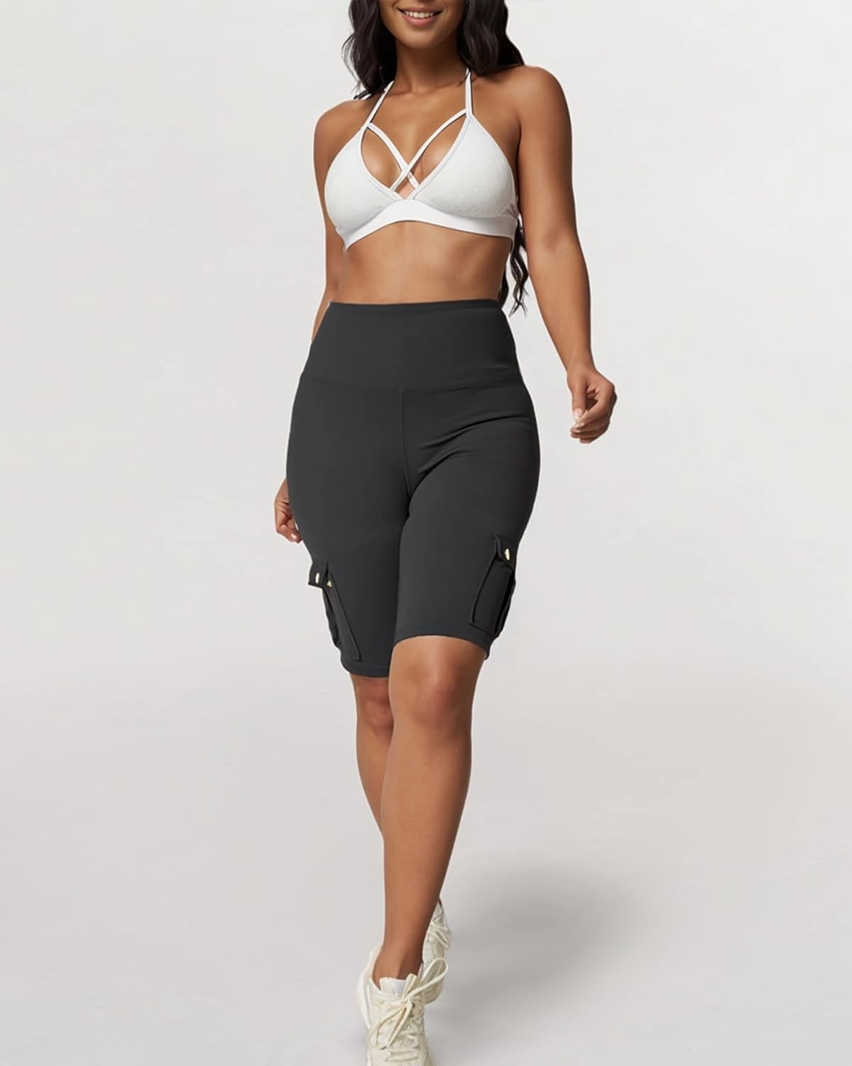 Womens Workout Shorts with Cargo Pockets High Waisted Scrunch Butt Gym Biker Booty Shorts