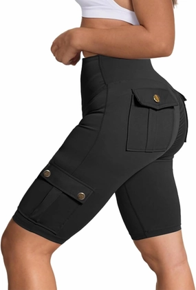 Womens Workout Shorts with Cargo Pockets High Waisted Scrunch Butt Gym Biker Booty Shorts