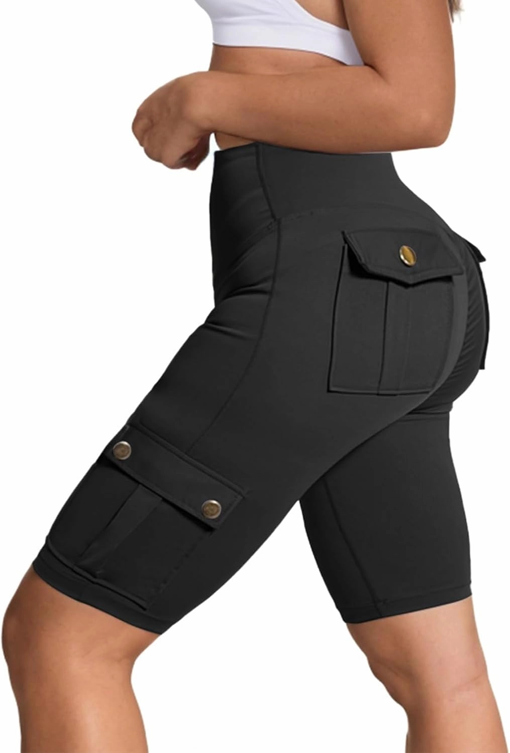 Womens Workout Shorts with Cargo Pockets High Waisted Scrunch Butt Gym Biker Booty Shorts