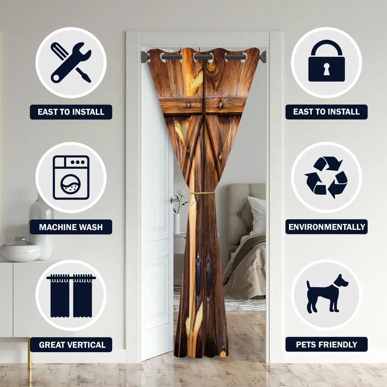 Wooden Barn Doors Door Curtains for Doorways, Rustic Farmhouse Wood Rural Blackout Curtain for Kids Bedroom Closet, Grommet Thermal Insulated Privacy Door Drapes for Room Divider, 34"W x 80"L