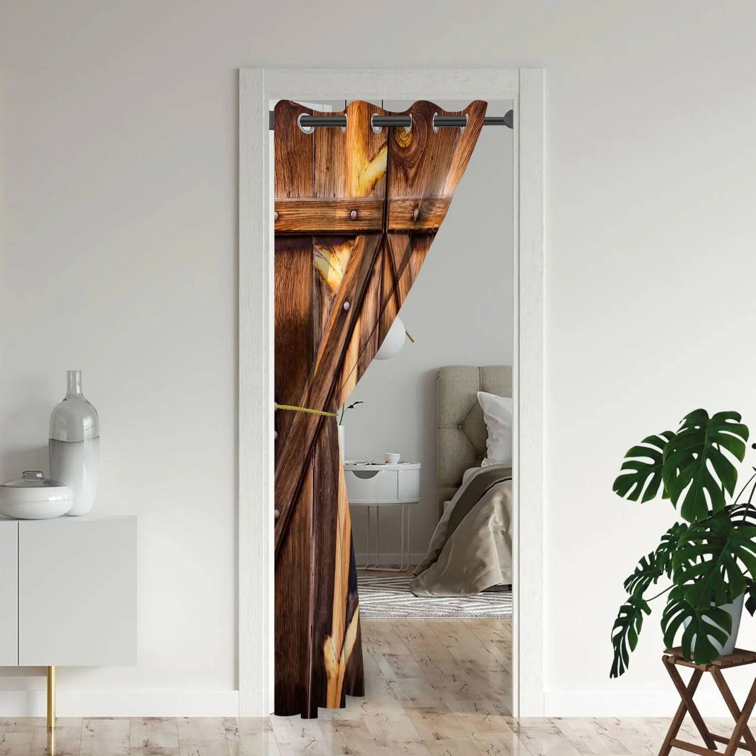 Wooden Barn Doors Door Curtains for Doorways, Rustic Farmhouse Wood Rural Blackout Curtain for Kids Bedroom Closet, Grommet Thermal Insulated Privacy Door Drapes for Room Divider, 34"W x 80"L