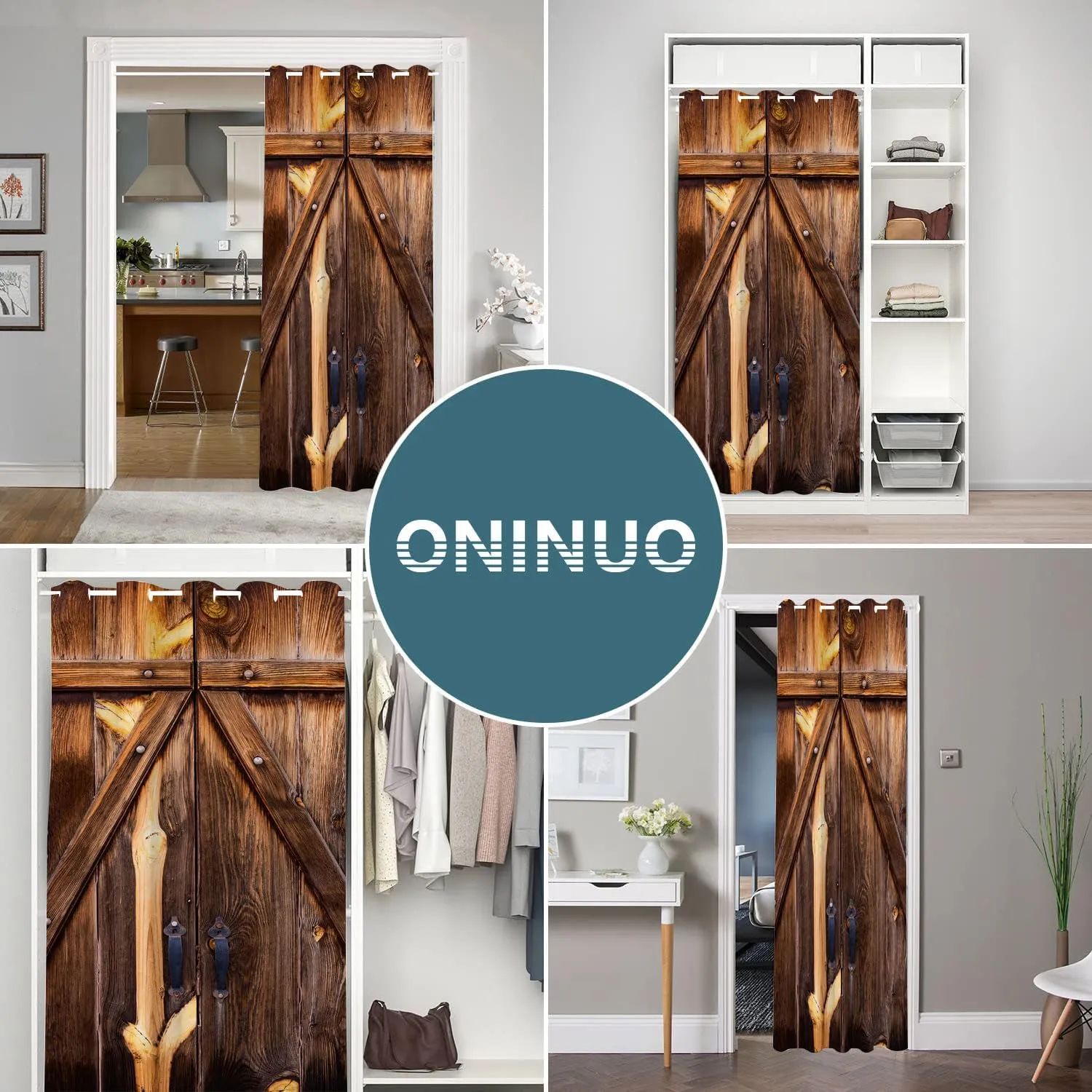 Wooden Barn Doors Door Curtains for Doorways, Rustic Farmhouse Wood Rural Blackout Curtain for Kids Bedroom Closet, Grommet Thermal Insulated Privacy Door Drapes for Room Divider, 34"W x 80"L