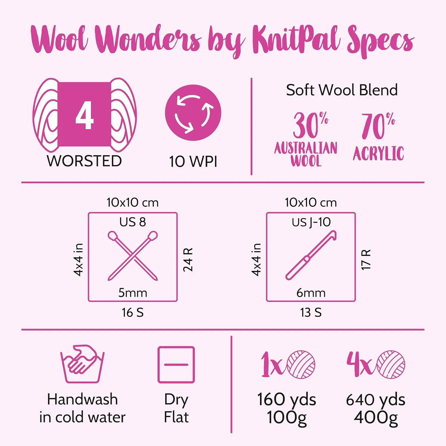 Wool Wonders Yarn for Crocheting, 4 Skeins, 640Yds/400G, Free Patterns - Wool Yarn for Knitting - Aran/Heavy #4 Medium Worsted Weight - Purple Peach