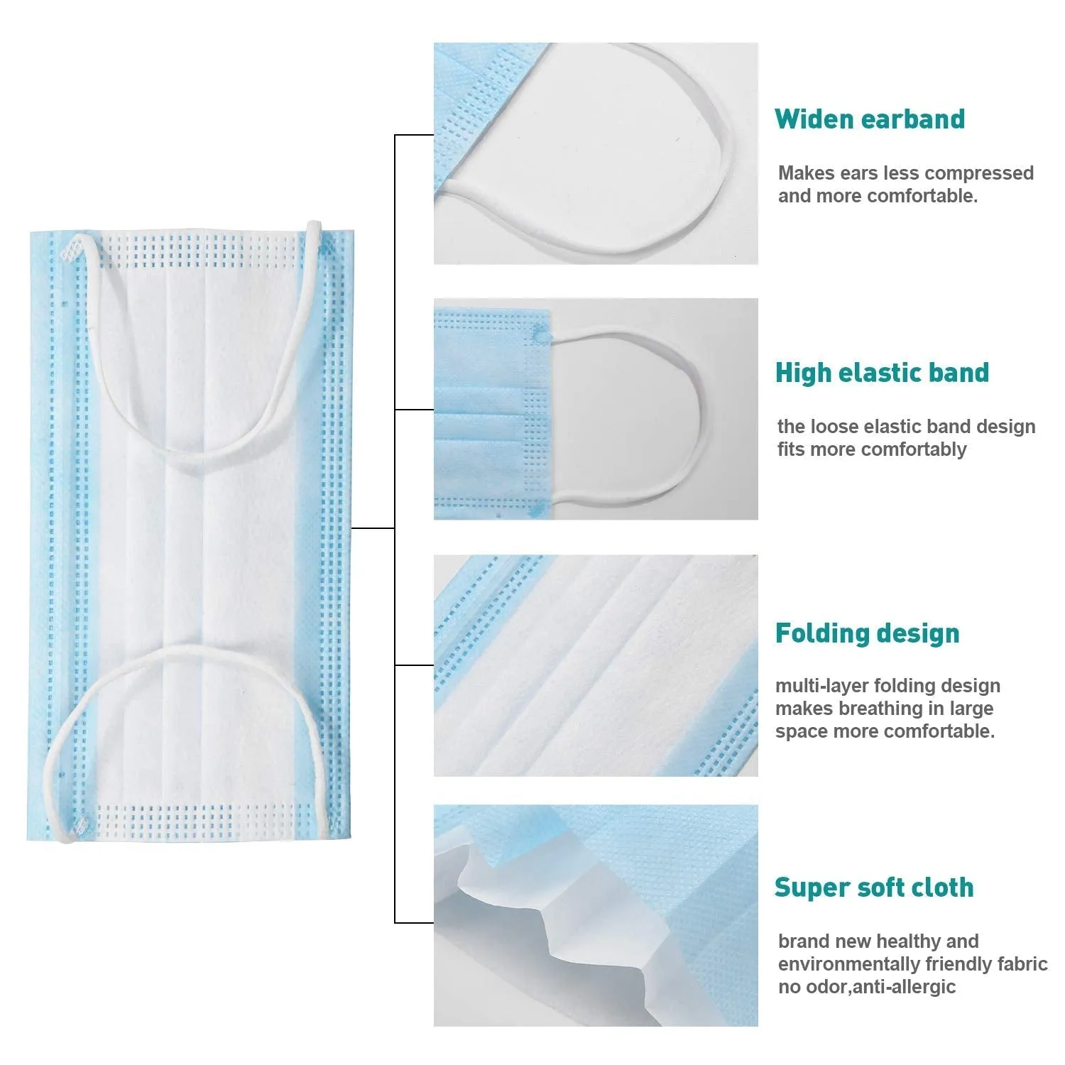 Woowooh Disposable 3-Ply Face Mask Antiviral Medical Surgical Mask with Earloop Polypropylene Masks for Personal Health