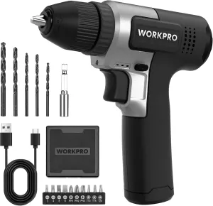 WORKPRO 8V Cordless Drill Set, 2Ah Electric Power Drill with 3/8'' Keyless Chuck, 15pcs Bits, Type-C Charging, Built-in LED and Variable Speed for Drilling and Screwing