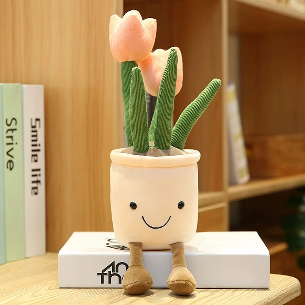WUZHOU Tulip Plush Toy, 13.7" Flower Pot Stuffed Plushie Pillow Decoration, Soft Fluffy Toy Succulent Plants Friend Throw Pillow, Multicolor (Pink-Tulip)