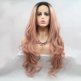 xiweiya Peach Color Ombre Wigs Long Body Wave 13x3 Lace Wigs Synthetic Pink Lace Front Wigs For Women 180% Density Hair Heat Resistant Fiber Hair-Replacement Wigs 26inch