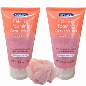 XtraCar.e Oil-Free Foaming Acne Wash, Pink Grapefruit Scent, 2% Salicylic Acid, 5.3 oz, Pack of 2 with Free Loofah
