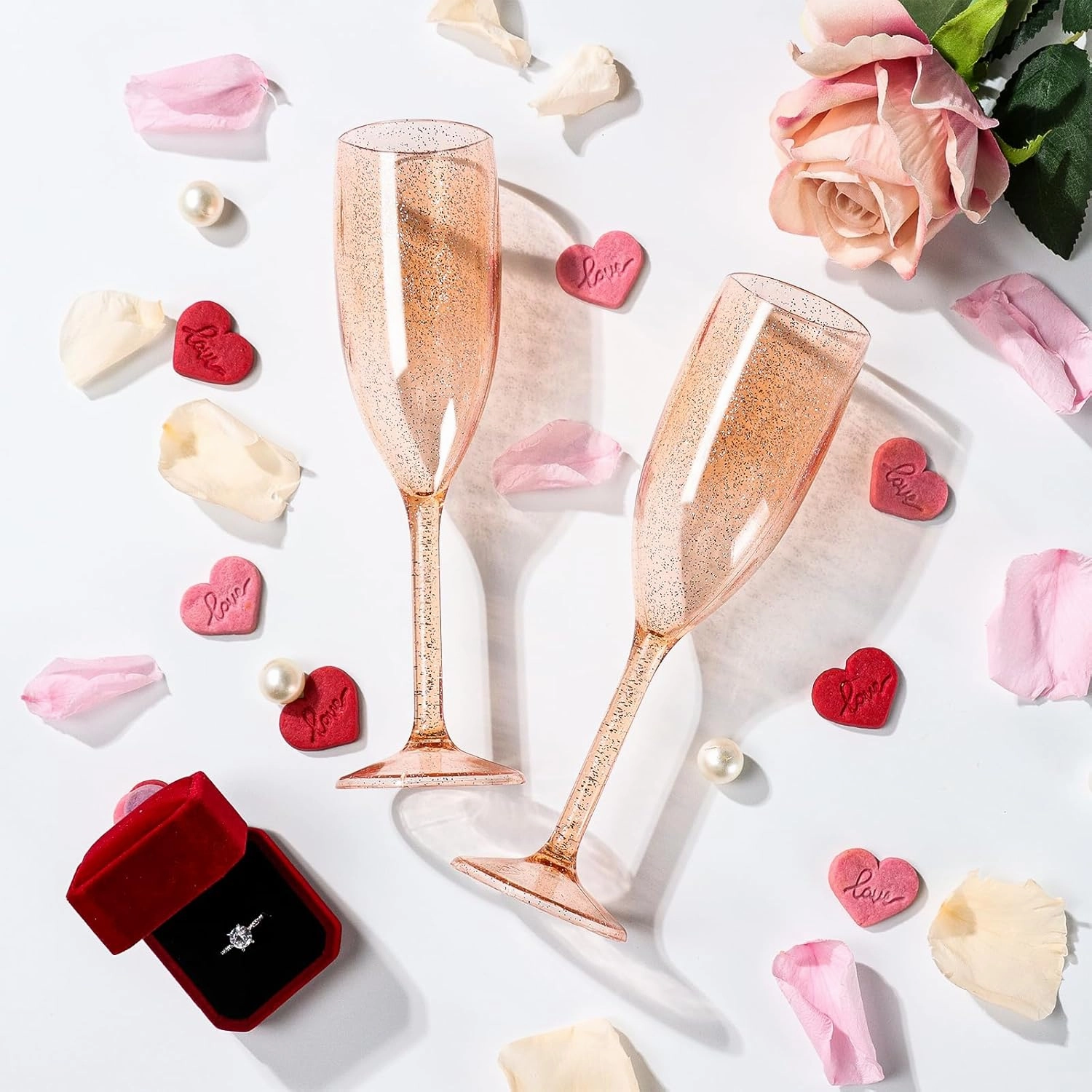 XUWAIDSGN 10 Pcs Champagne Flutes Plastic Wine Glasses Bulk Vintage Champagne Flutes Mimosa Bar Glasses Stemmed Drinking Cups 5.4OZ for Christmas Birthday Wedding Bride (10, Rose gold glitter)