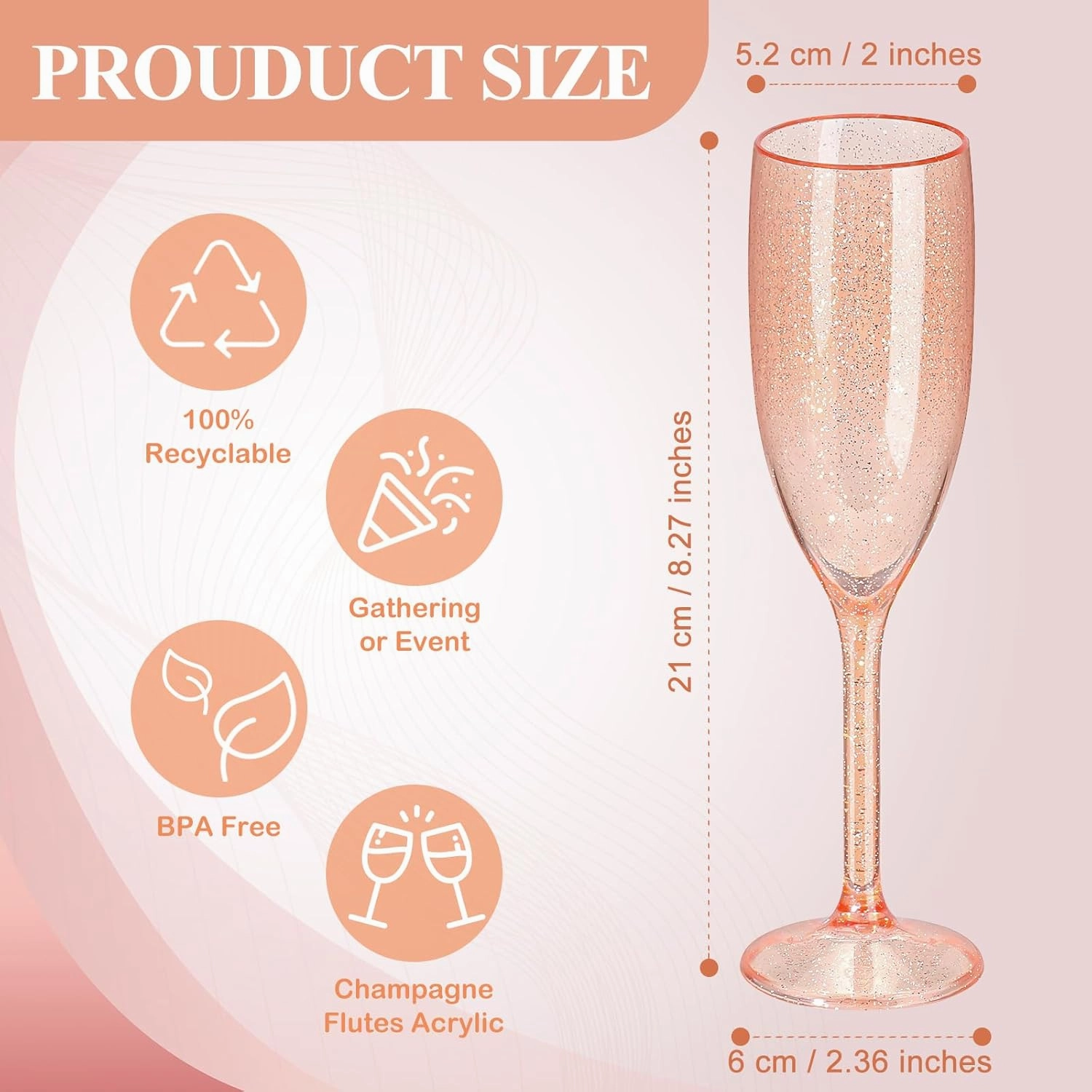 XUWAIDSGN 10 Pcs Champagne Flutes Plastic Wine Glasses Bulk Vintage Champagne Flutes Mimosa Bar Glasses Stemmed Drinking Cups 5.4OZ for Christmas Birthday Wedding Bride (10, Rose gold glitter)