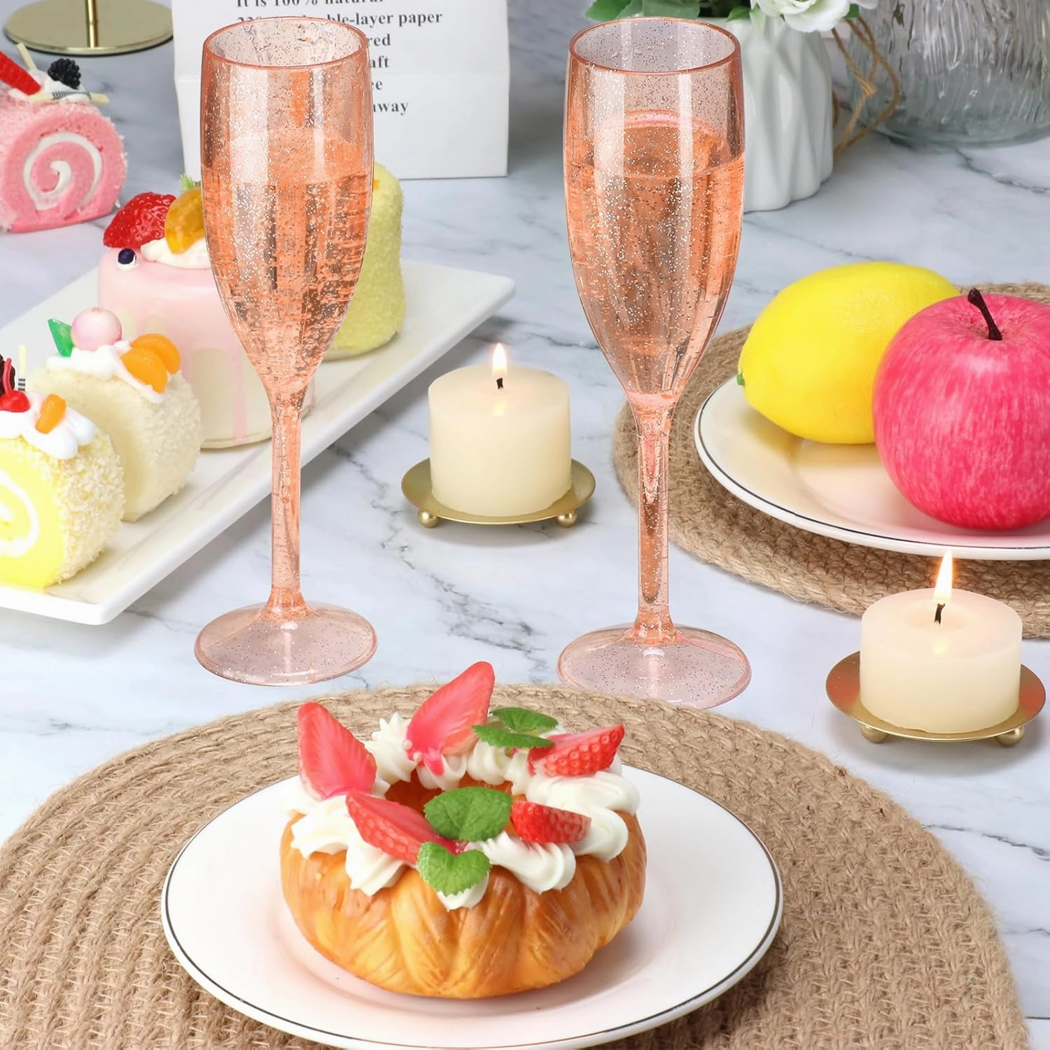 XUWAIDSGN 10 Pcs Champagne Flutes Plastic Wine Glasses Bulk Vintage Champagne Flutes Mimosa Bar Glasses Stemmed Drinking Cups 5.4OZ for Christmas Birthday Wedding Bride (10, Rose gold glitter)