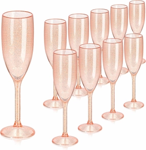 XUWAIDSGN 10 Pcs Champagne Flutes Plastic Wine Glasses Bulk Vintage Champagne Flutes Mimosa Bar Glasses Stemmed Drinking Cups 5.4OZ for Christmas Birthday Wedding Bride (10, Rose gold glitter)