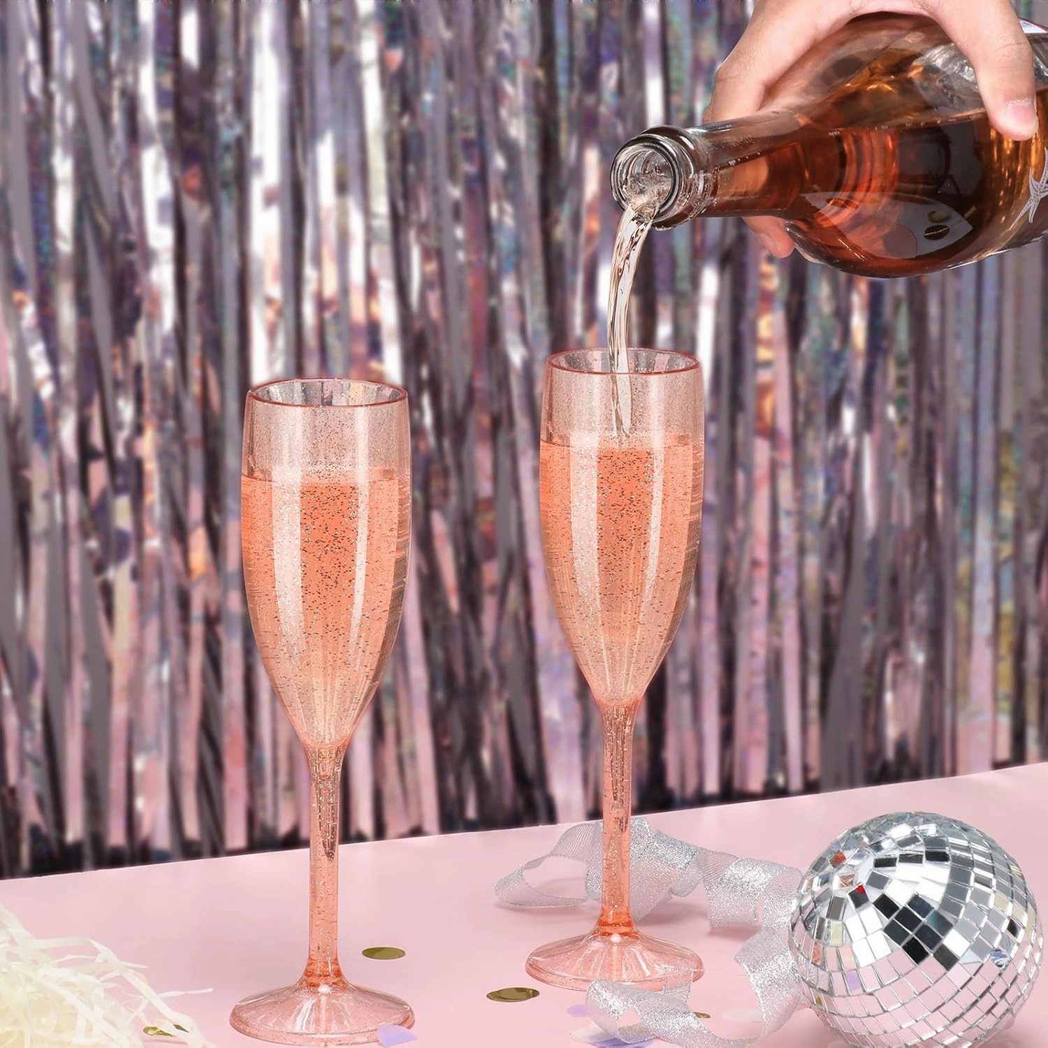 XUWAIDSGN 10 Pcs Champagne Flutes Plastic Wine Glasses Bulk Vintage Champagne Flutes Mimosa Bar Glasses Stemmed Drinking Cups 5.4OZ for Christmas Birthday Wedding Bride (10, Rose gold glitter)