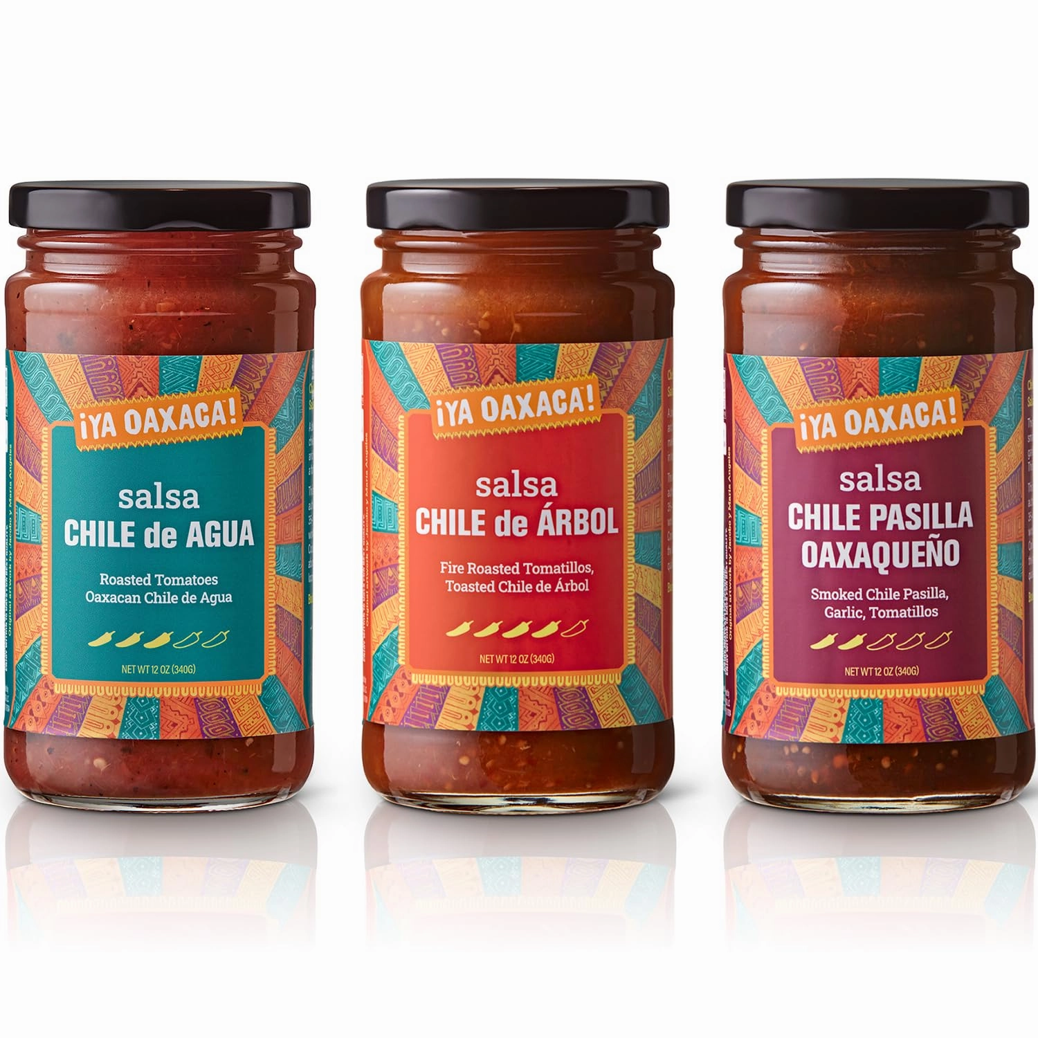 Ya Oaxaca - Salsa Variety Pack - Bright & Flavorful - Includes one each Salsa Pasilla, Arbol, & Agua - Gluten Free, Non GMO, Vegan - 12 Ounces (Pack of 3)