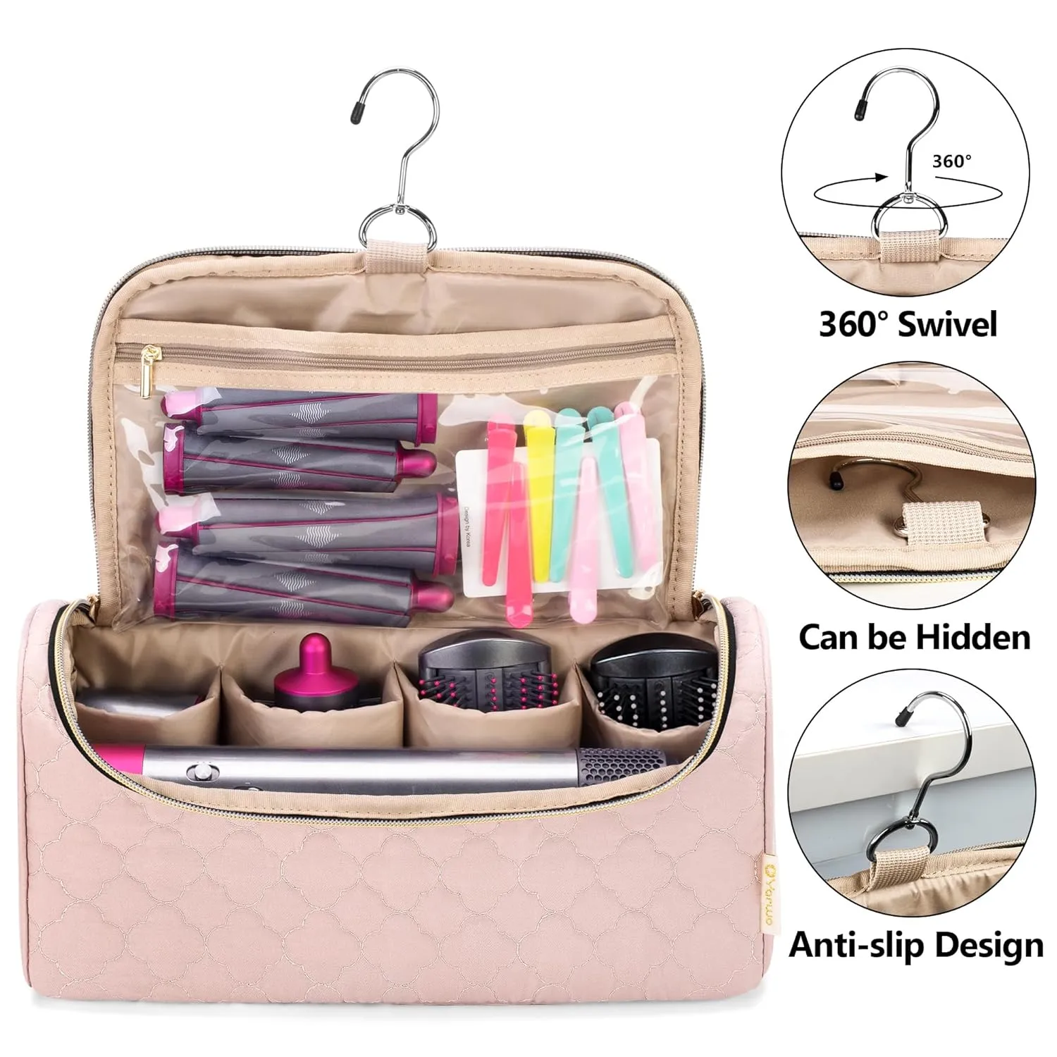 Yarwo Travel Case Compatible for Dyson Airwrap Complete Styler All Models and Attachments, Portable Storage Bag with Hanging Hook for Hair Curler Accessories, Pale Mauve (Patent Design)