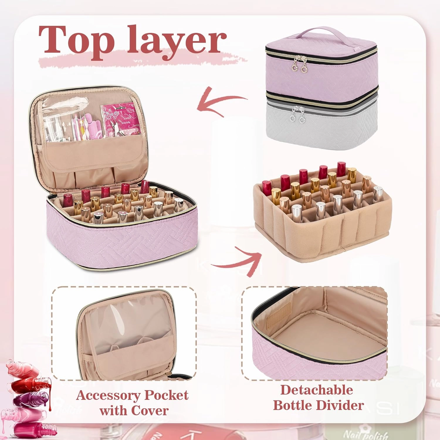 Yarwo 2 Packs Nail Polish Organizer Totally Hold 40 Bottles (15ml - 0.5 fl.oz), Nail Polish Storage Case with Adjustable Divider, Portable Nail Kit Bag for Nail Supplies, Pink (Empty Bag)