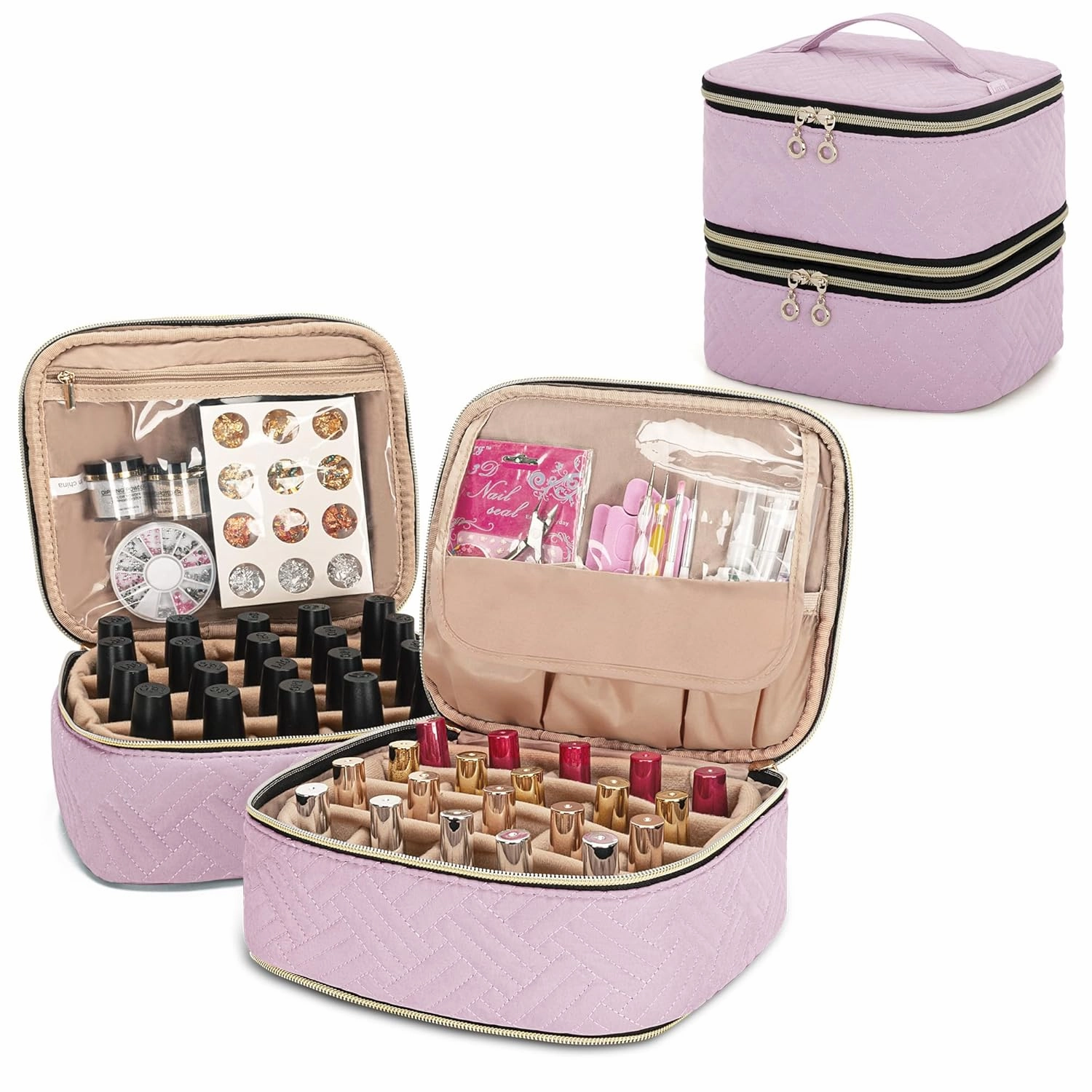 Yarwo 2 Packs Nail Polish Organizer Totally Hold 40 Bottles (15ml - 0.5 fl.oz), Nail Polish Storage Case with Adjustable Divider, Portable Nail Kit Bag for Nail Supplies, Pink (Empty Bag)