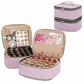 Yarwo 2 Packs Nail Polish Organizer Totally Hold 40 Bottles (15ml - 0.5 fl.oz), Nail Polish Storage Case with Adjustable Divider, Portable Nail Kit Bag for Nail Supplies, Pink (Empty Bag)
