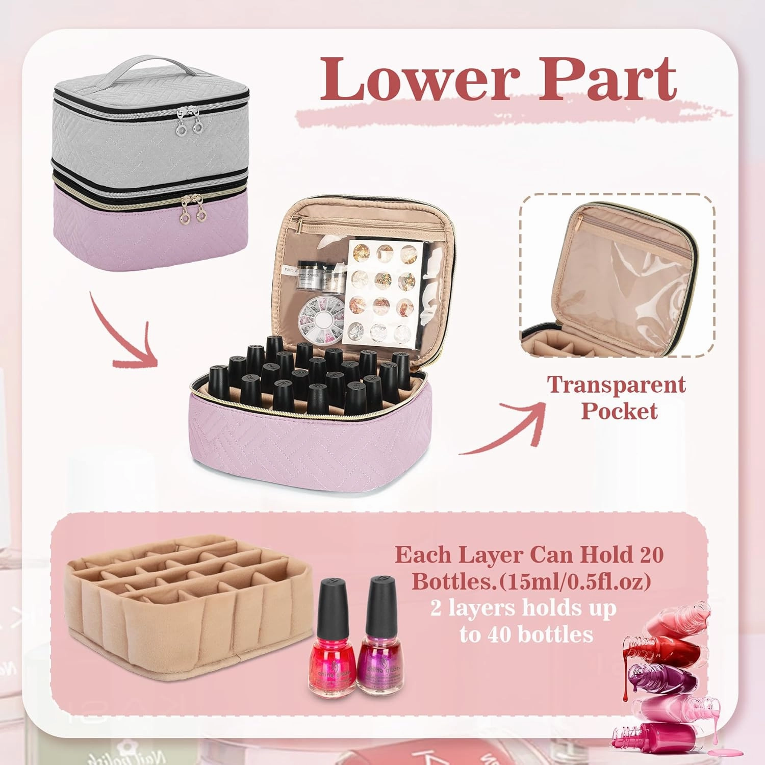 Yarwo 2 Packs Nail Polish Organizer Totally Hold 40 Bottles (15ml - 0.5 fl.oz), Nail Polish Storage Case with Adjustable Divider, Portable Nail Kit Bag for Nail Supplies, Pink (Empty Bag)