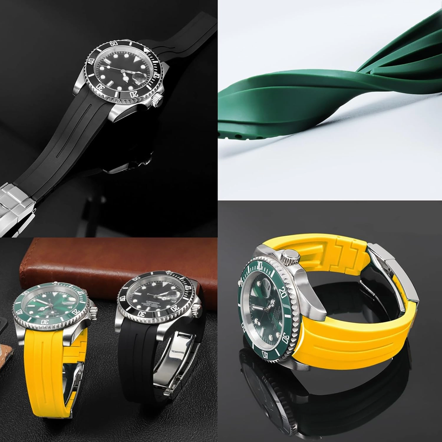 YISIWERA 20mm 22mm Rubber Watch Band Curved Ends Craftsmanship Silicone Watch Bands Strap Solid High Polised Brushed Double Lock Mechanical Buckle for Men Women