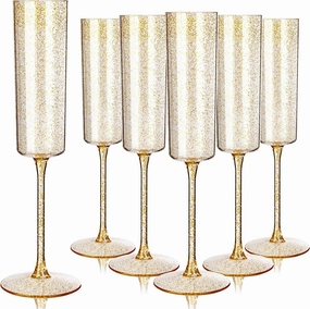 YOUBET 24 Pack Plastic Champagne Flutes - 6 Oz Gold Glitter Disposable Champagne Glasses - Square Plastic Wine Cups Wedding Toasting for Party Birthday Anniversary