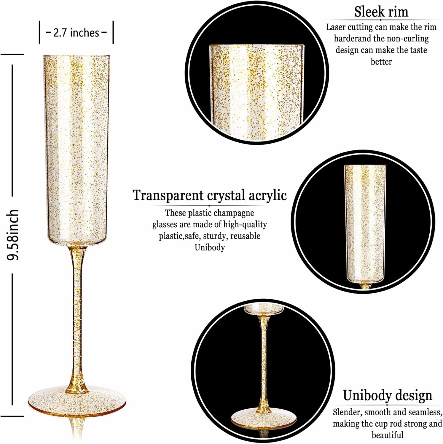 YOUBET 24 Pack Plastic Champagne Flutes - 6 Oz Gold Glitter Disposable Champagne Glasses - Square Plastic Wine Cups Wedding Toasting for Party Birthday Anniversary