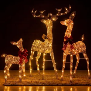 YULETIME 3-Piece Pre-Lit 3D Christmas Reindeer Family, Lighted Glitter Deer Holiday Decoration With Warm White LED Lights