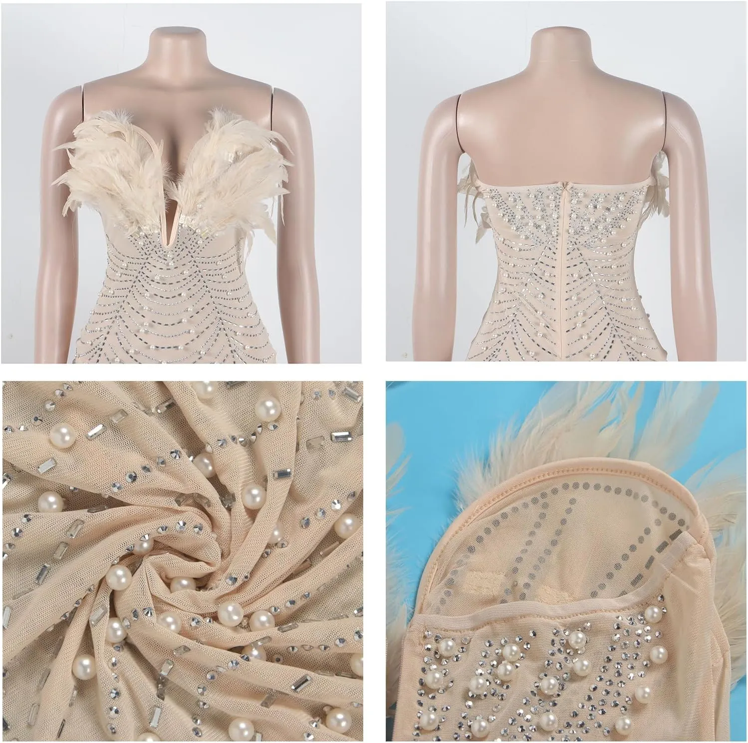 Yuopeid Women's Deep V Neck Mini Bodycon Dresses Sleeveless Rhinestone Feather Sexy Mesh Birthday Party Strapless Dress
