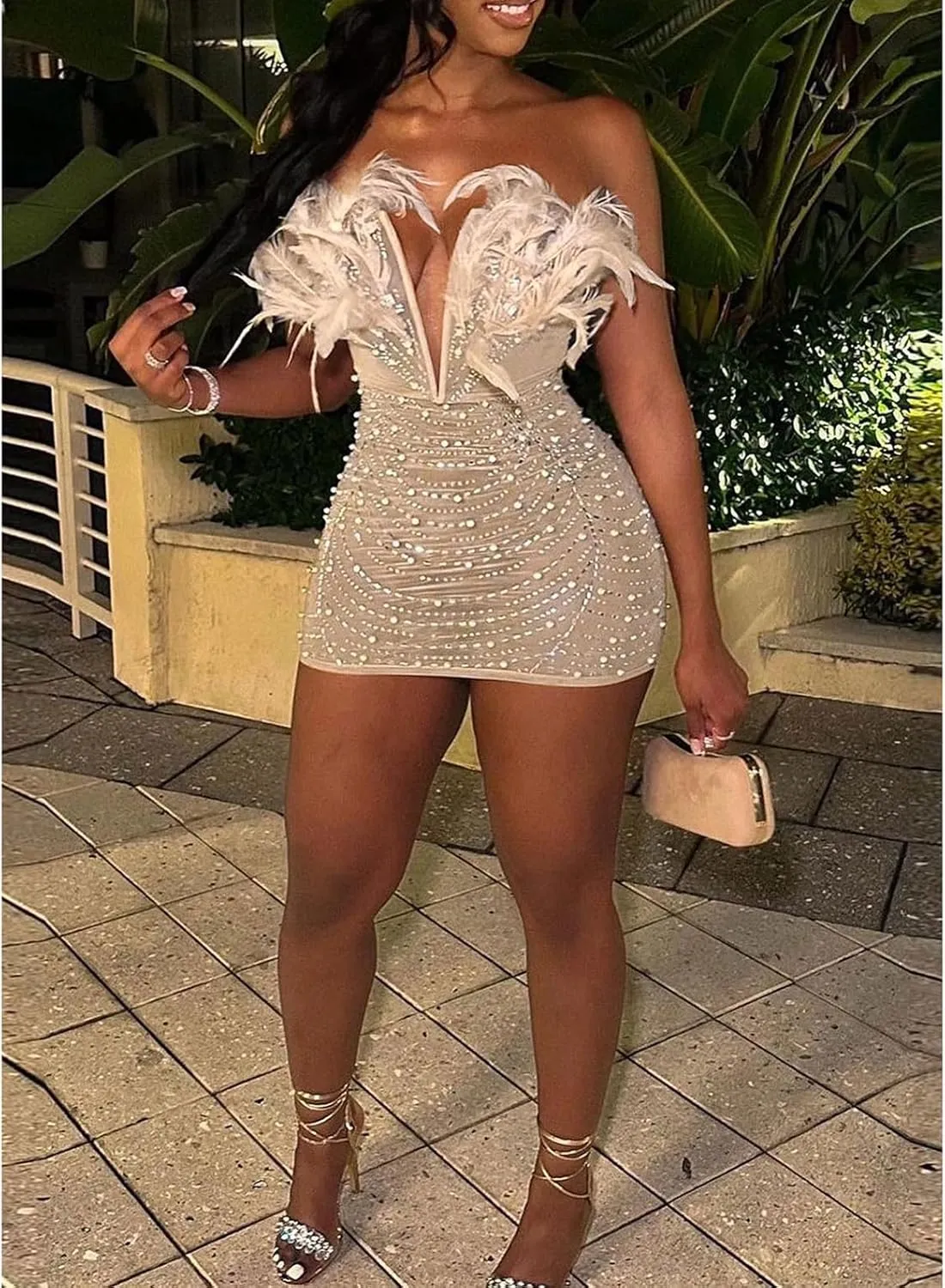 Yuopeid Women's Deep V Neck Mini Bodycon Dresses Sleeveless Rhinestone Feather Sexy Mesh Birthday Party Strapless Dress