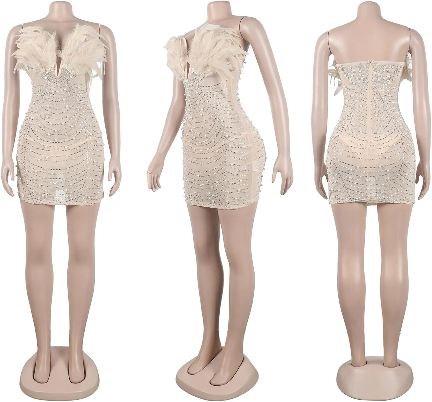 Yuopeid Women's Deep V Neck Mini Bodycon Dresses Sleeveless Rhinestone Feather Sexy Mesh Birthday Party Strapless Dress