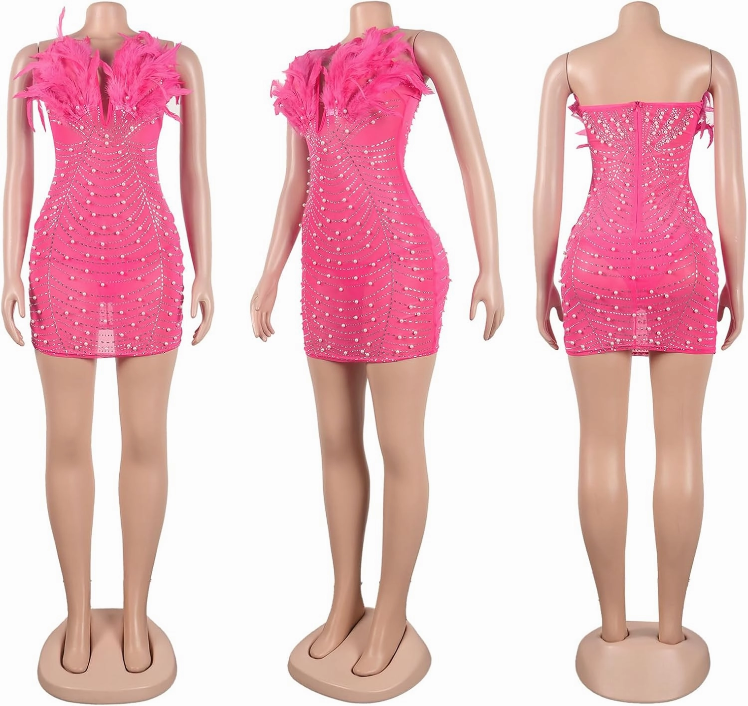 Yuopeid Women's Deep V Neck Mini Bodycon Dresses Sleeveless Rhinestone Feather Sexy Mesh Birthday Party Strapless Dress
