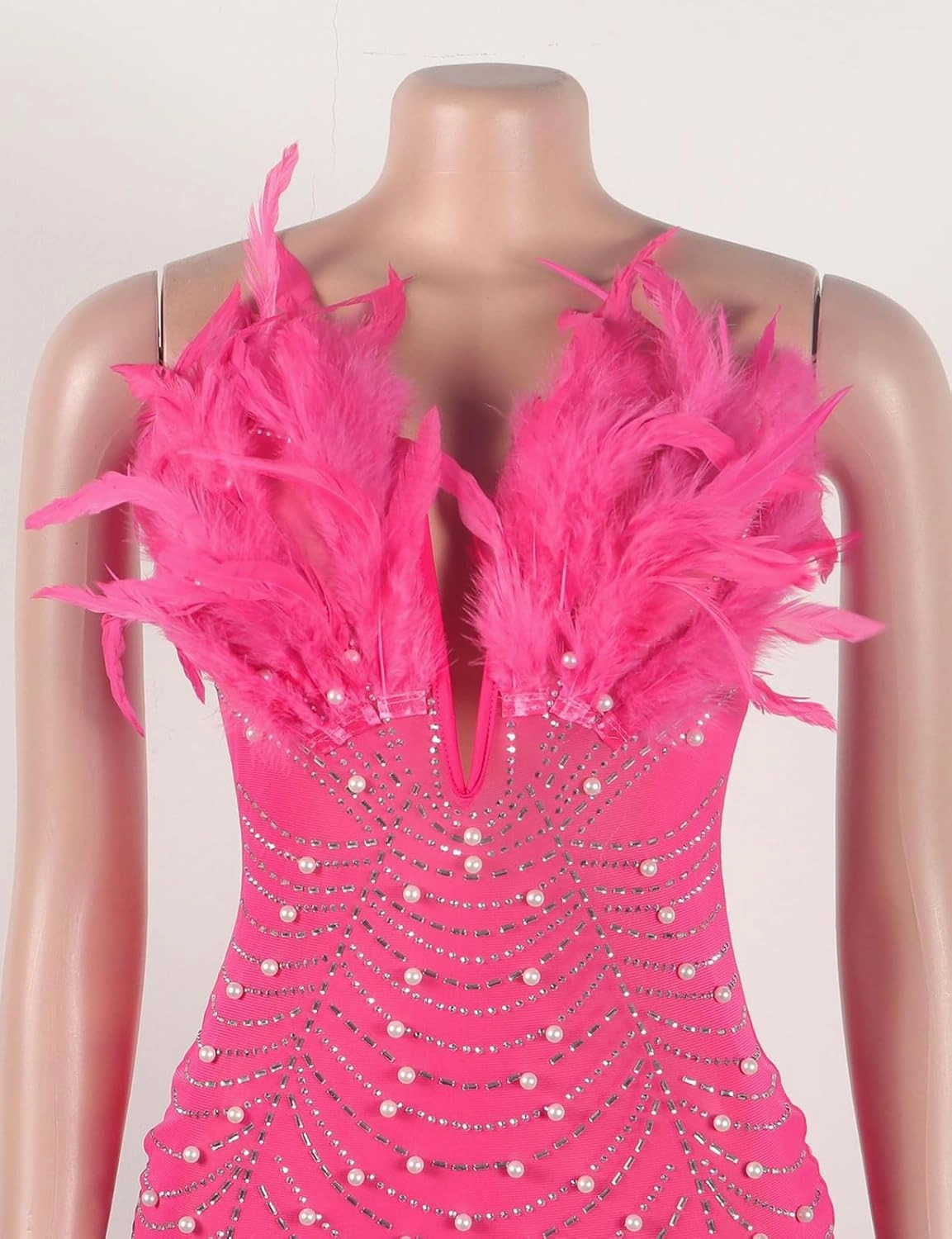 Yuopeid Women's Deep V Neck Mini Bodycon Dresses Sleeveless Rhinestone Feather Sexy Mesh Birthday Party Strapless Dress