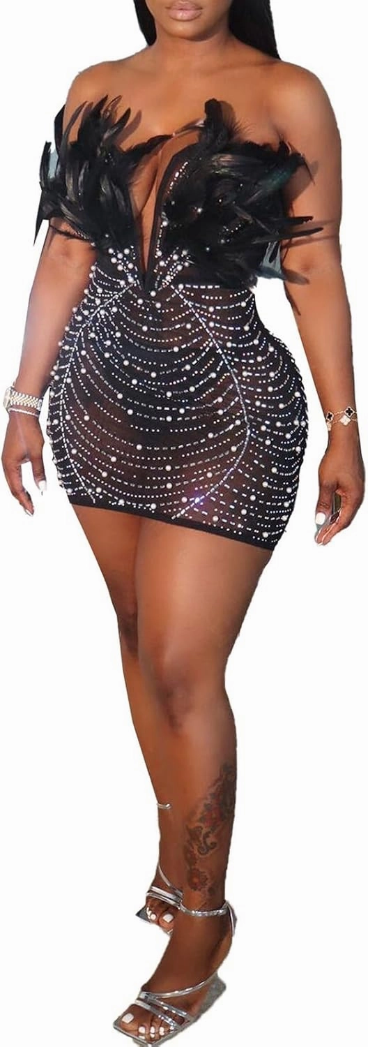 Yuopeid Women's Deep V Neck Mini Bodycon Dresses Sleeveless Rhinestone Feather Sexy Mesh Birthday Party Strapless Dress