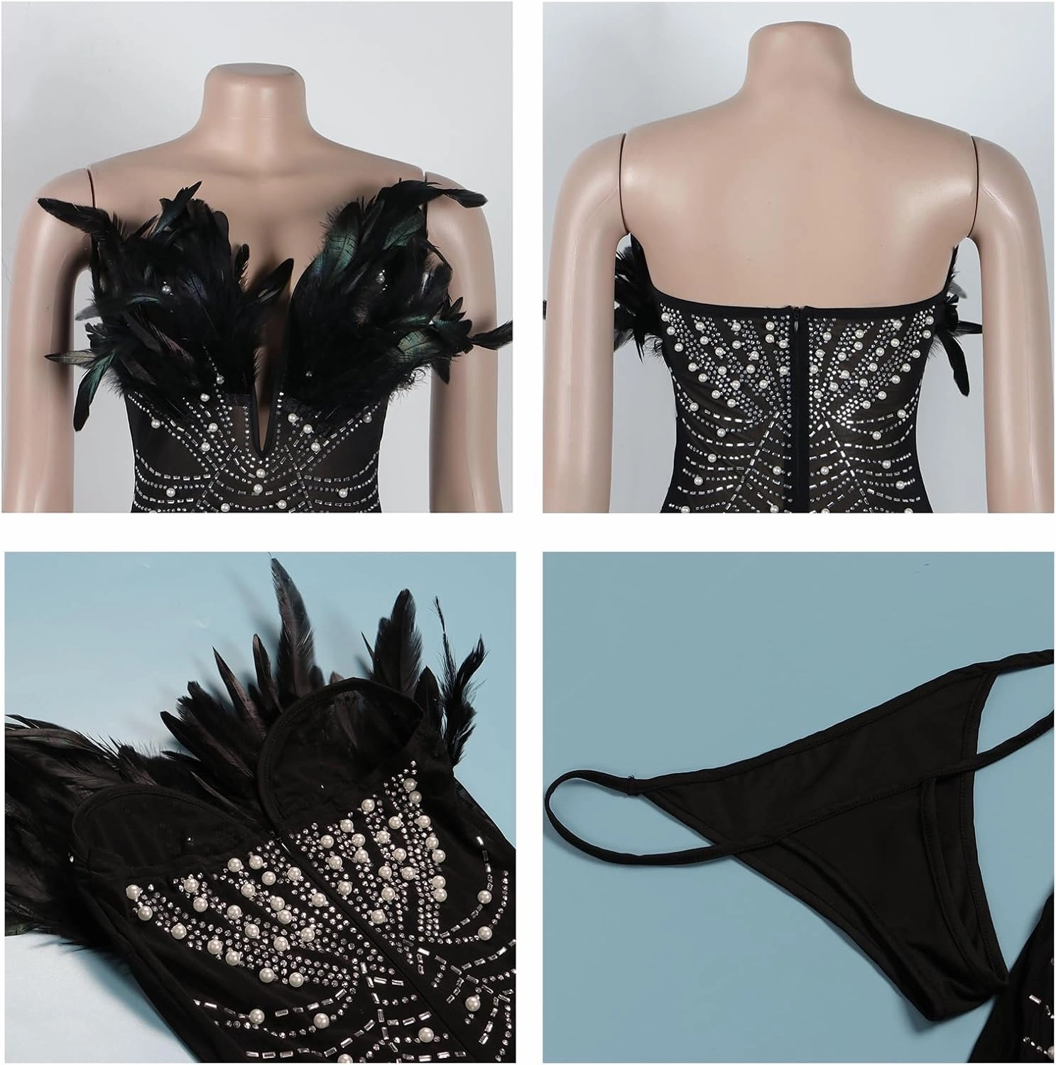 Yuopeid Women's Deep V Neck Mini Bodycon Dresses Sleeveless Rhinestone Feather Sexy Mesh Birthday Party Strapless Dress