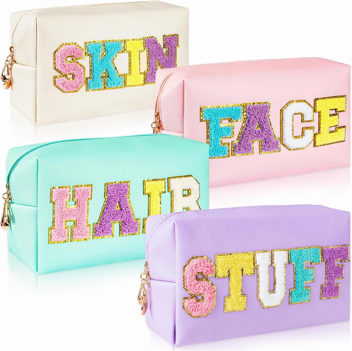 ZAUGONTW 4Pcs Large Cosmetic Bag Preppy Makeup Bag Chenille Letter, PU Leather Waterproof Travel Organizer Bag Hair Bag with Nylon Zipper Patches Makeup Organizer Bag Set for Women Girls